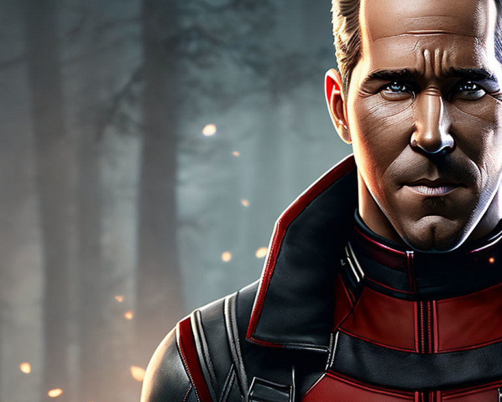 Male superhero in red and black suit in misty forest setting