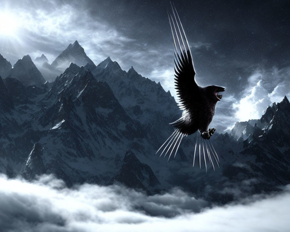Bird flying over cloud-covered peaks at twilight