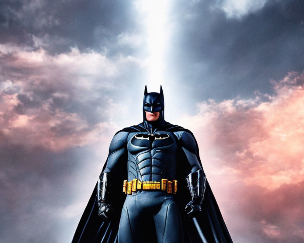 Iconic Batman Suit Under Spotlight with Dramatic Sky