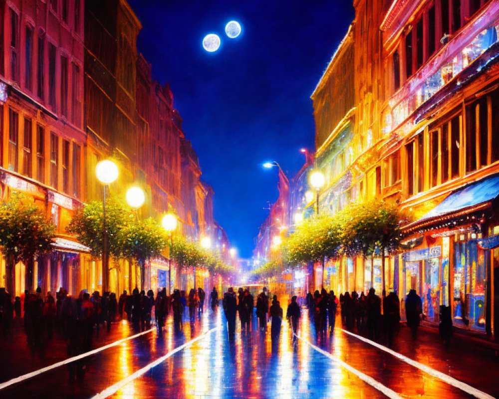 Night city street with illuminated buildings, wet pavement, crowds, crescent moon, stars