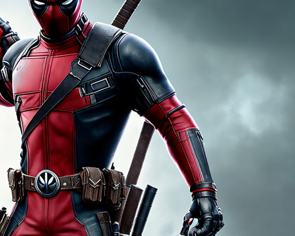 Person in red and black Deadpool costume with katanas under cloudy sky