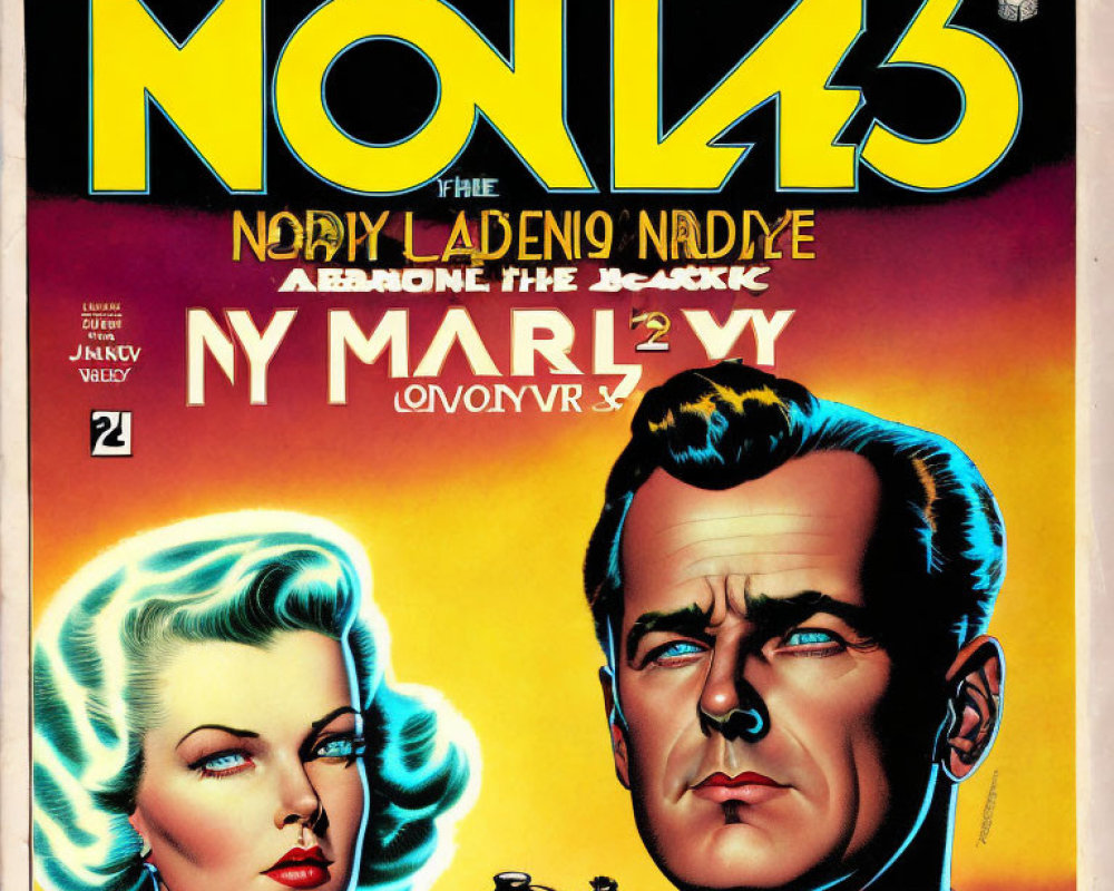 Stylized vintage comic book cover with blonde woman and dark-haired man portraits on yellow background