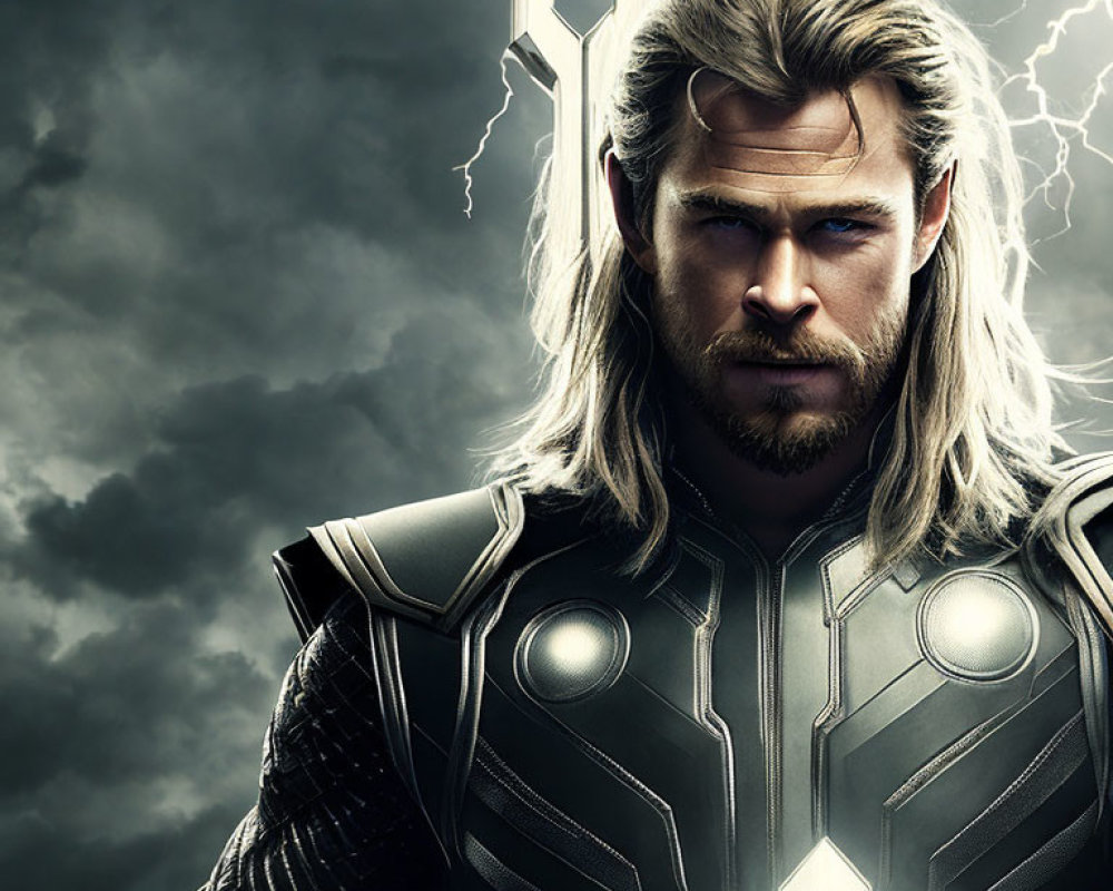 Stoic superhero with long blonde hair holding a hammer in armor, stormy skies backdrop