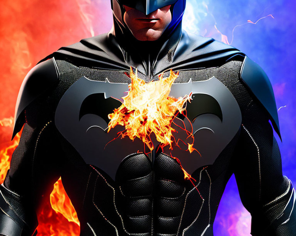Batman in black and gray suit with burning bat symbol against fiery background.