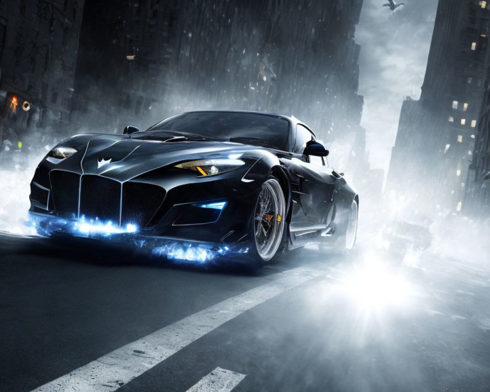 Black sports car with blue headlights speeds through wet urban street at night