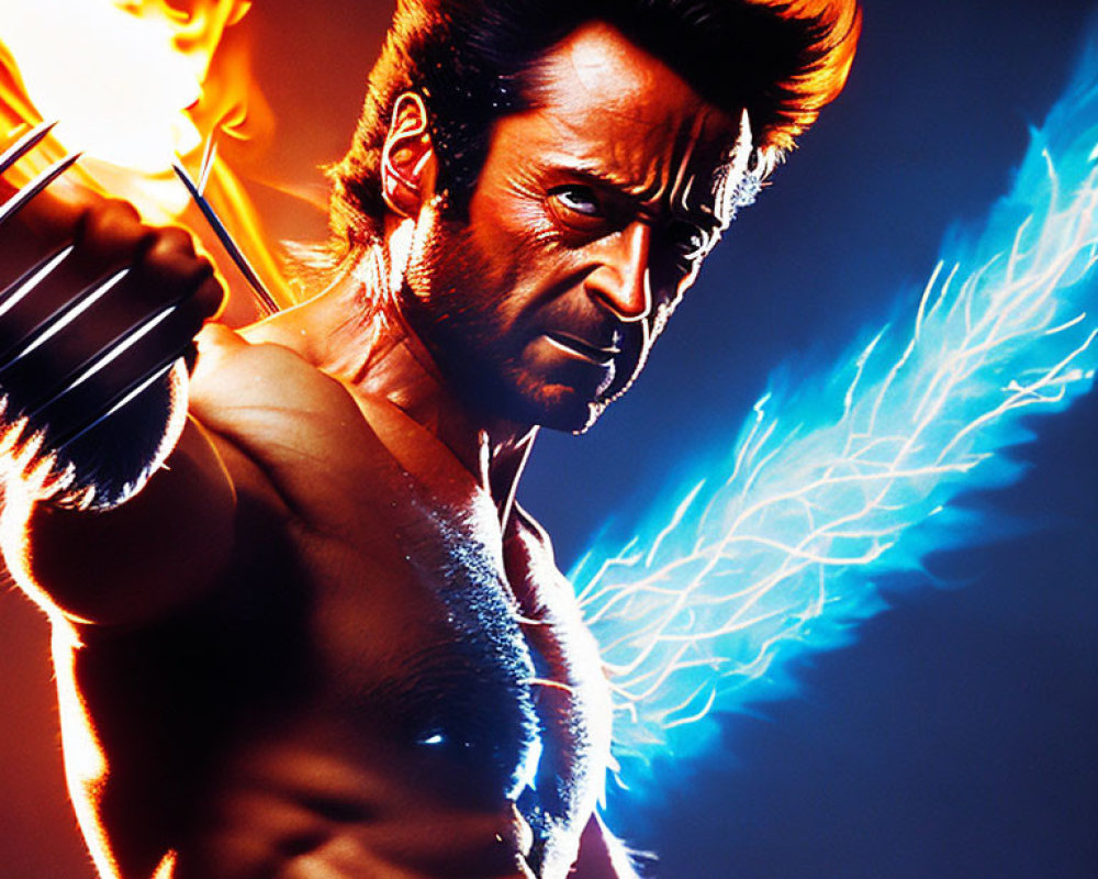 Muscular man with claw-like blades in fiery lightning scene