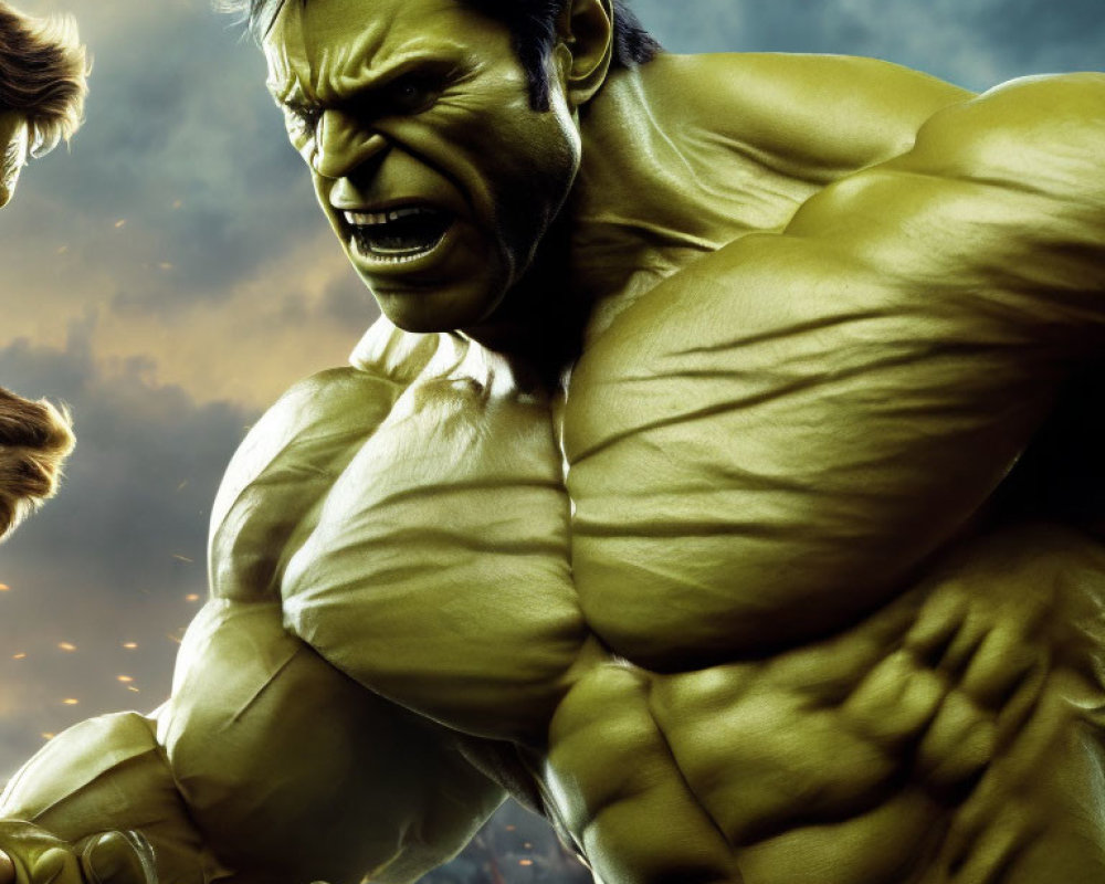 Muscular green-skinned character with angry expression in digital art