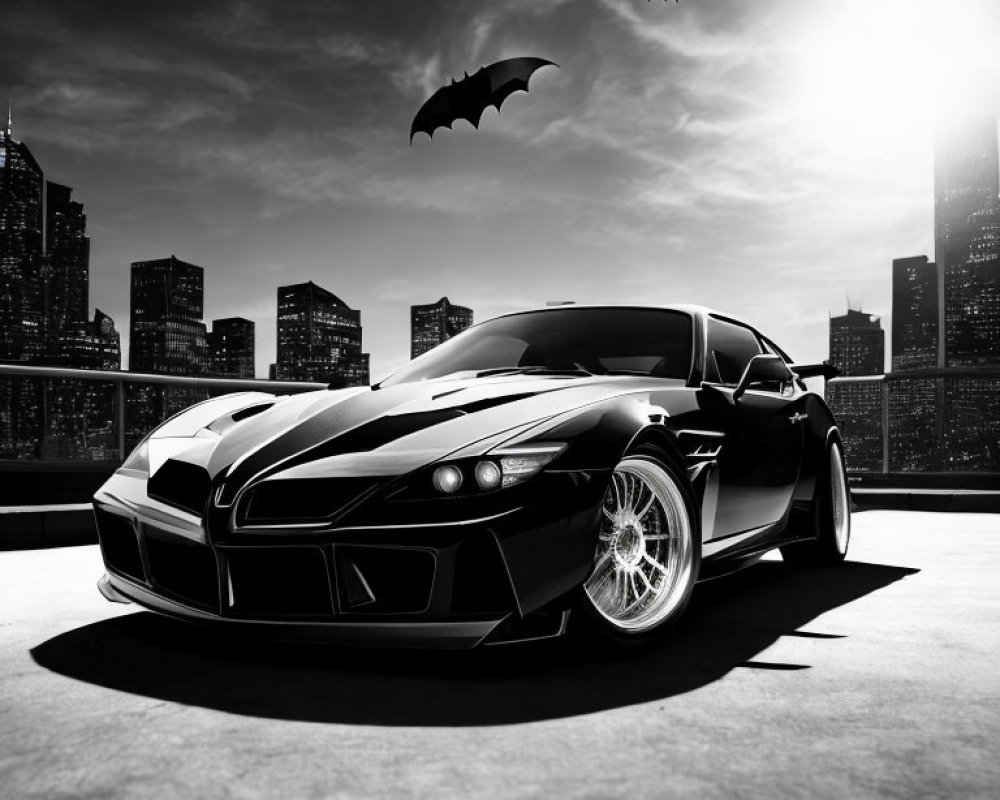 Black Sports Car Overlooking Cityscape with Bat Silhouettes in Monochromatic Filter