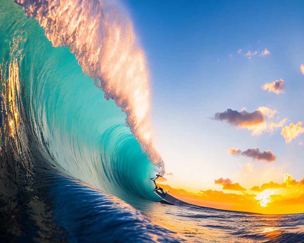 Surfer riding glassy wave at sunset