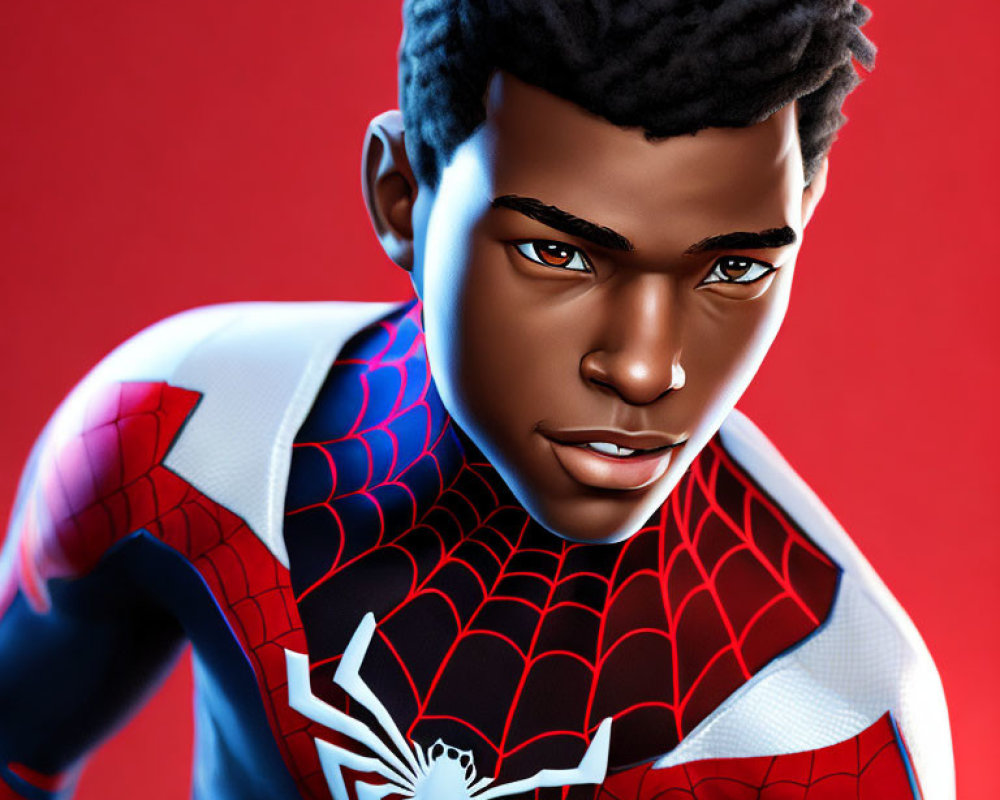 Young male superhero in black and red spider costume with intense look on red background