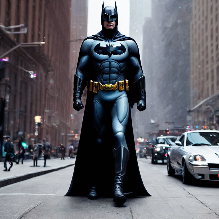 Person in Batman costume stands in snowy city street among pedestrians and cars