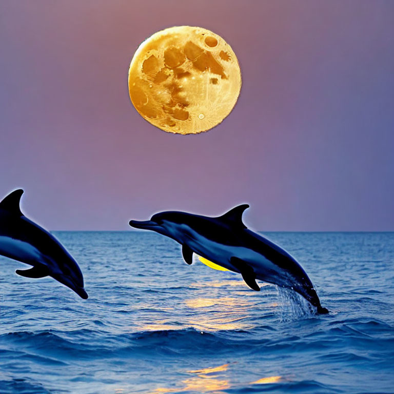 Dolphins leaping over ocean under full moon at twilight