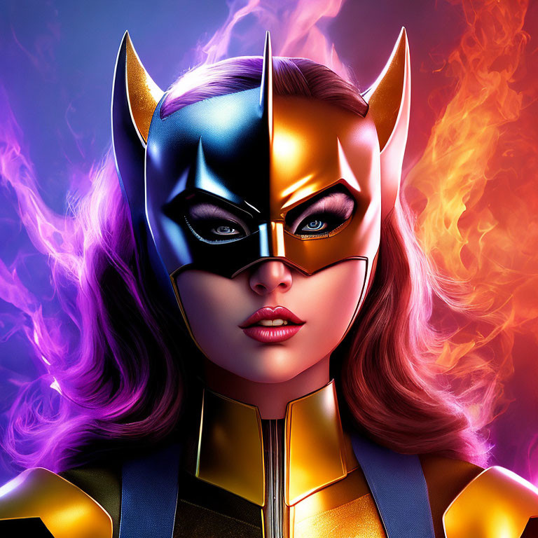 Female Superhero Illustration: Cowl, Mask, Bat-like Ears, Fiery Background