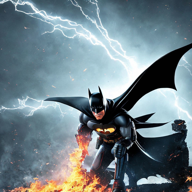 Stylized Batman art: Glowing bat-symbol, flames, stormy sky
