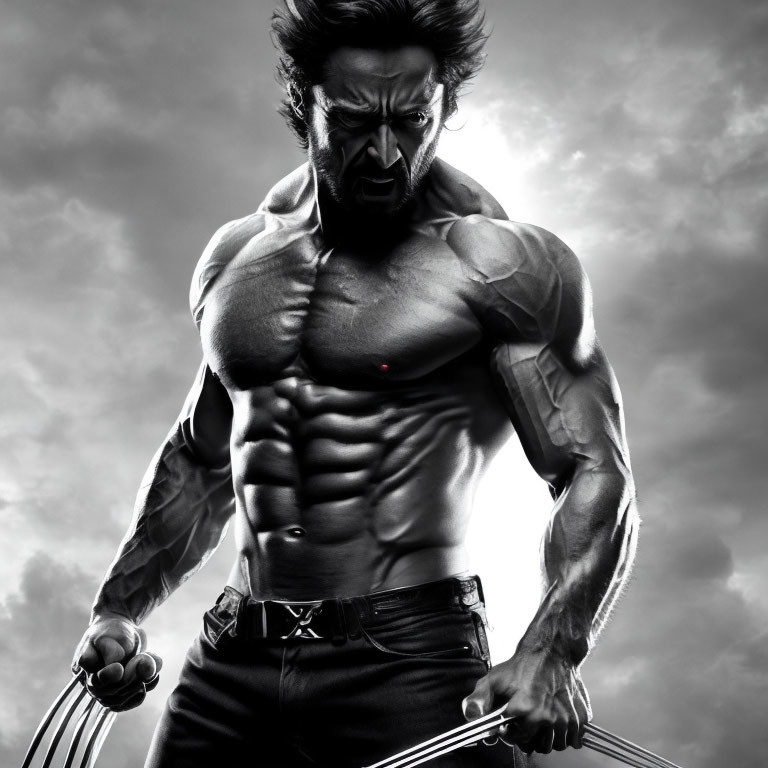 Muscular character with extended metal claws in stormy sky setting