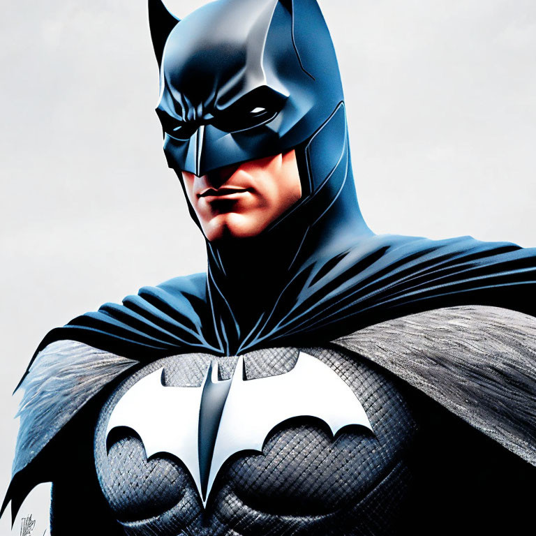 Detailed Batman illustration in black mask and cape with bat emblem