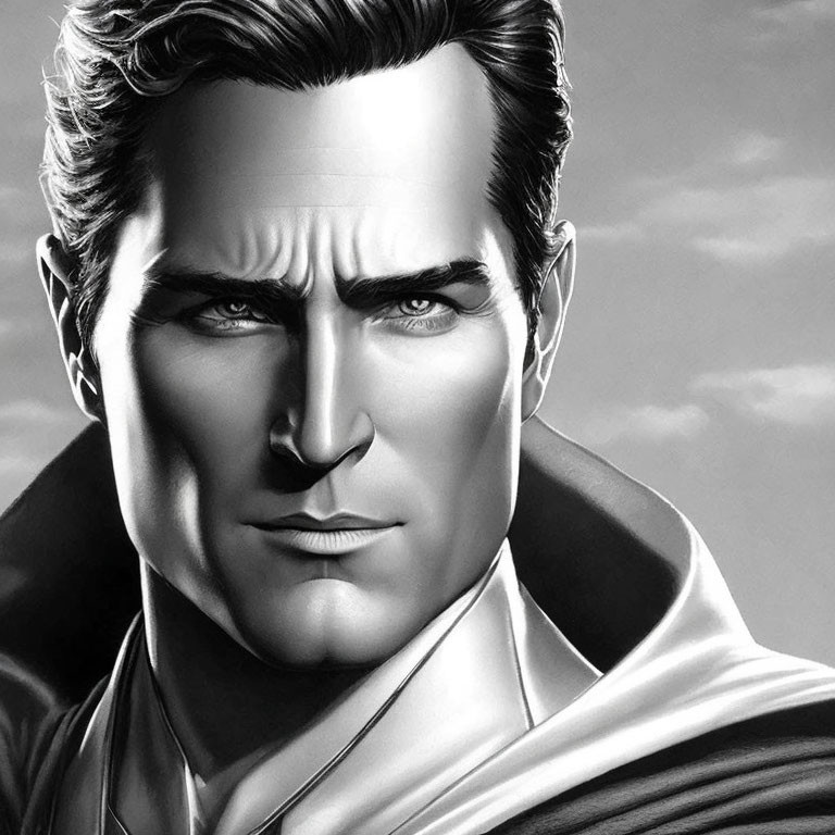 Monochrome illustration of a stern male character with cape and classic comic book hero hairstyle