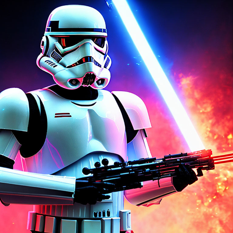 Stormtrooper with blaster rifle in vibrant space scene