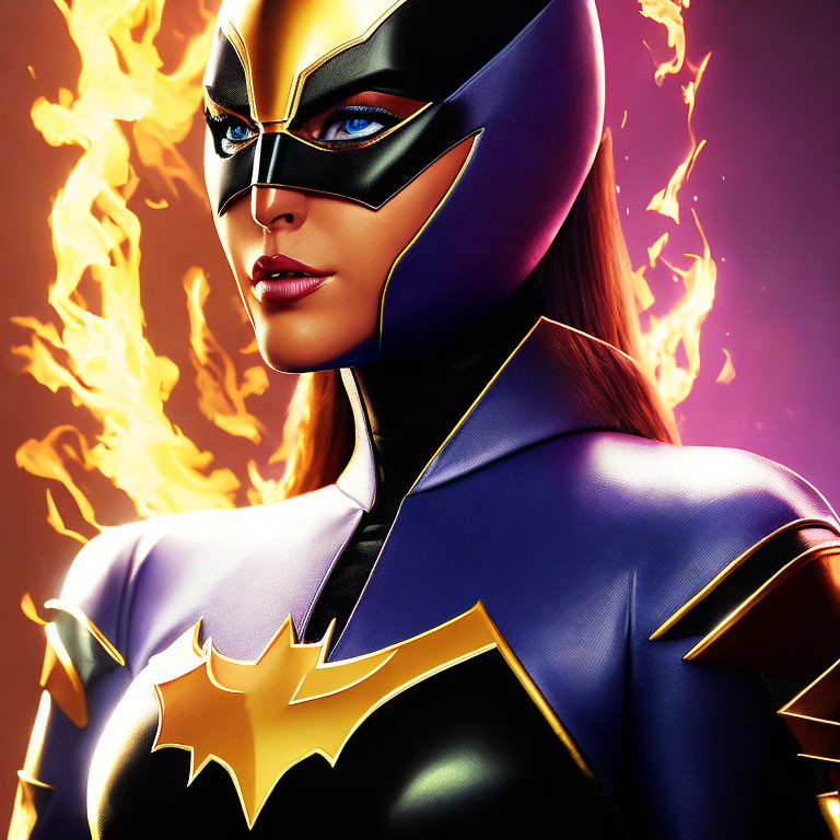 Superheroine with black and gold mask and bat emblem in fiery backdrop