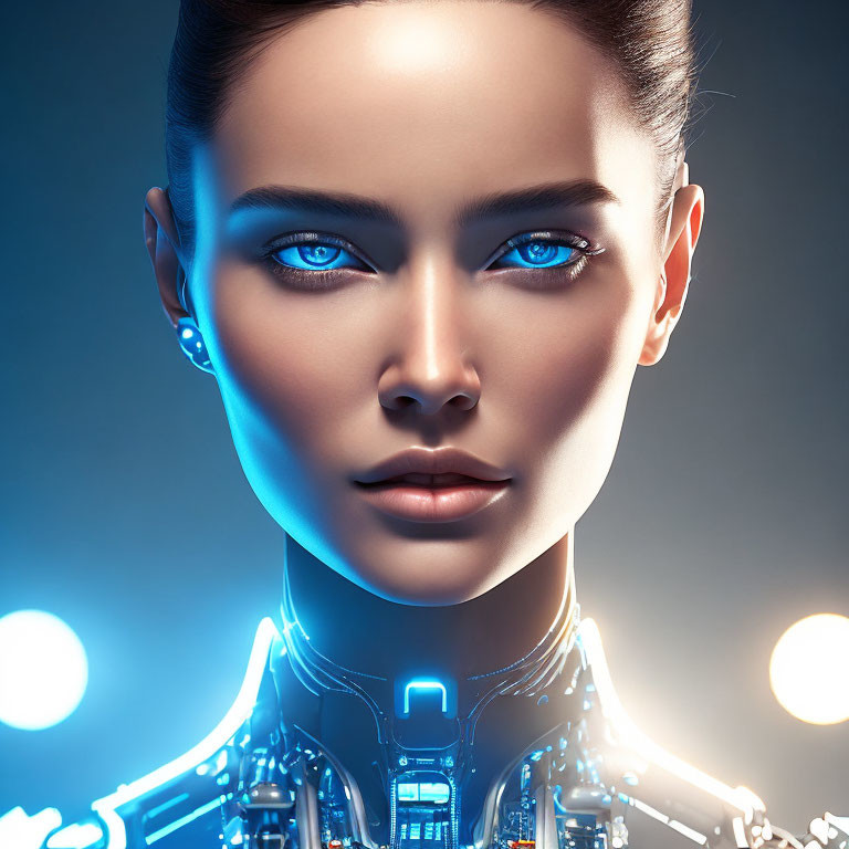 Futuristic female robot with glowing blue eyes on cool blue backdrop