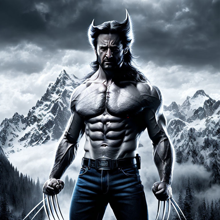 Muscular superhero with metal claws in snowy mountain backdrop