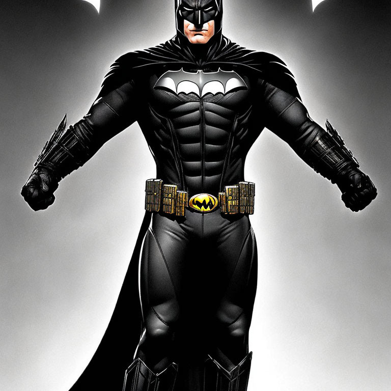 Person in Batman costume with black cape and cowl standing confidently