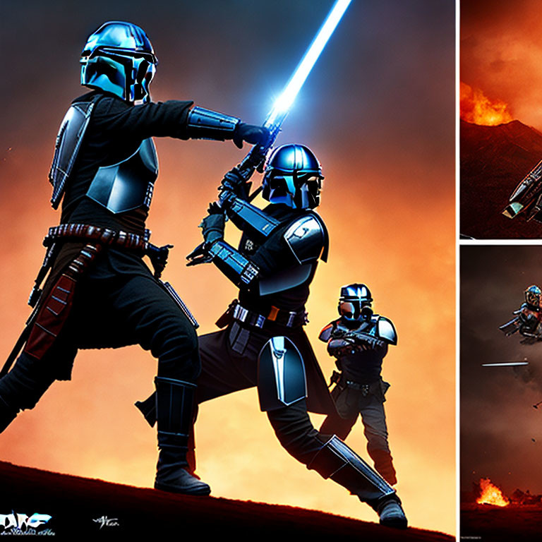 Armored characters with blaster and lightsaber in fiery battle scene
