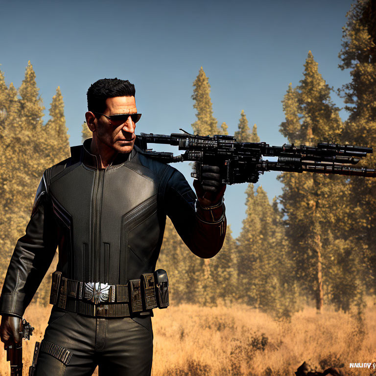 Male character in tactical outfit with rifle in forest setting