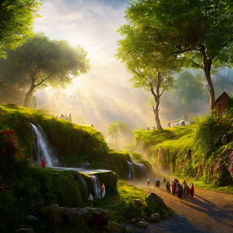 Tranquil fantasy landscape with waterfalls, travelers, lush greenery