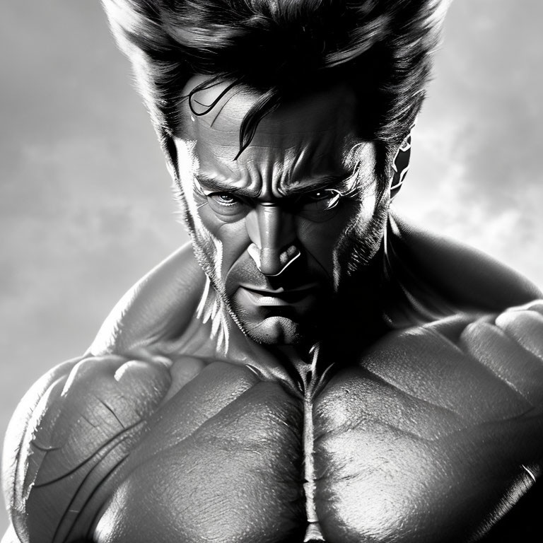 Muscular fictional character with claws in brooding pose against cloudy sky