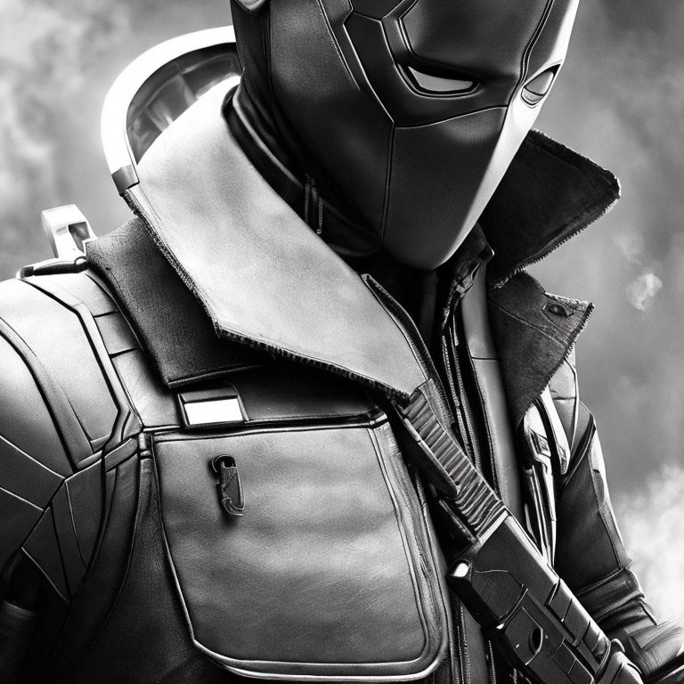 Person in Black Armored Suit with Helmet on Smoky Grey Background