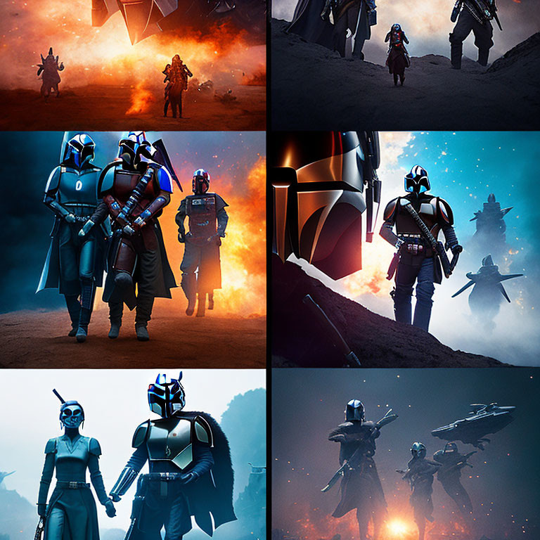Armored characters in dramatic scenes with orange and blue lighting