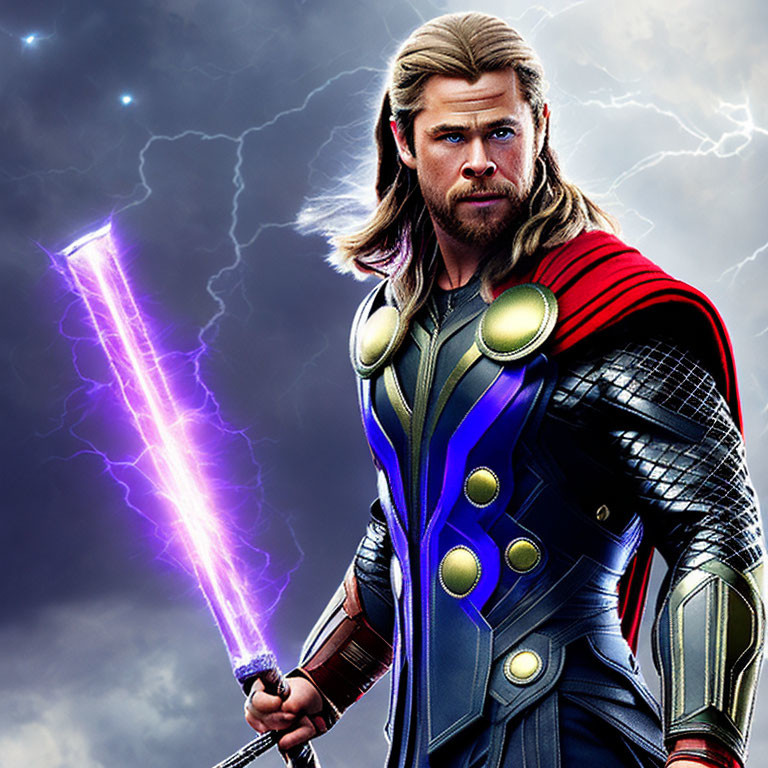 Blond superhero in armor with lightning hammer under stormy sky