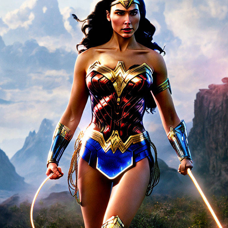 Female superhero in red, gold, and blue costume with lasso, against mountain backdrop