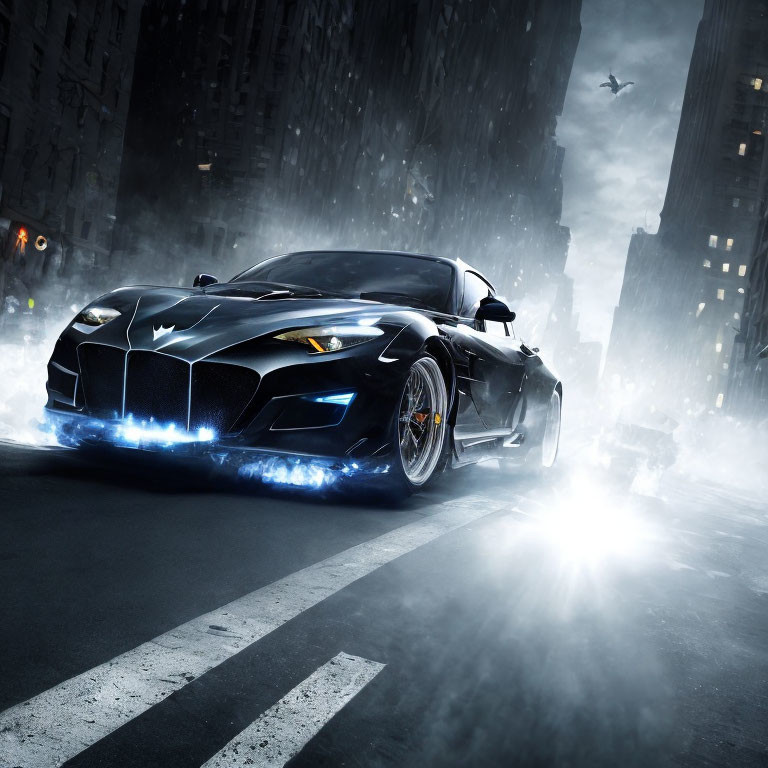 Black sports car with blue headlights speeds through wet urban street at night
