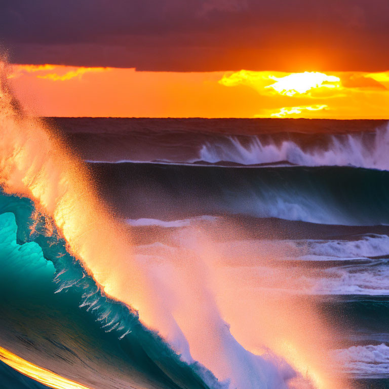 Colorful Ocean Wave Cresting at Sunset with Orange and Blue Tones