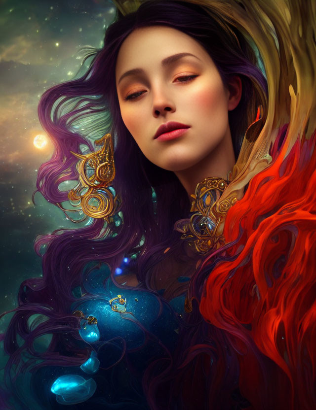 Wavy-haired woman in gold jewelry against cosmic backdrop in fiery dress
