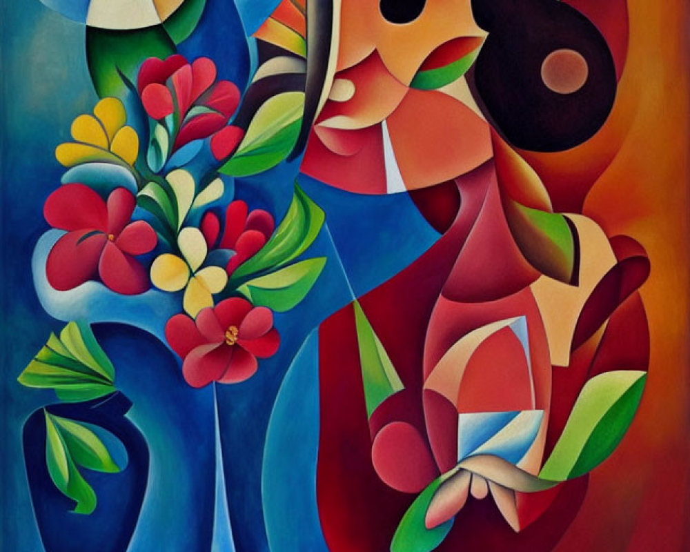 Colorful Abstract Painting of Woman with Flowers on Blue and Red Background