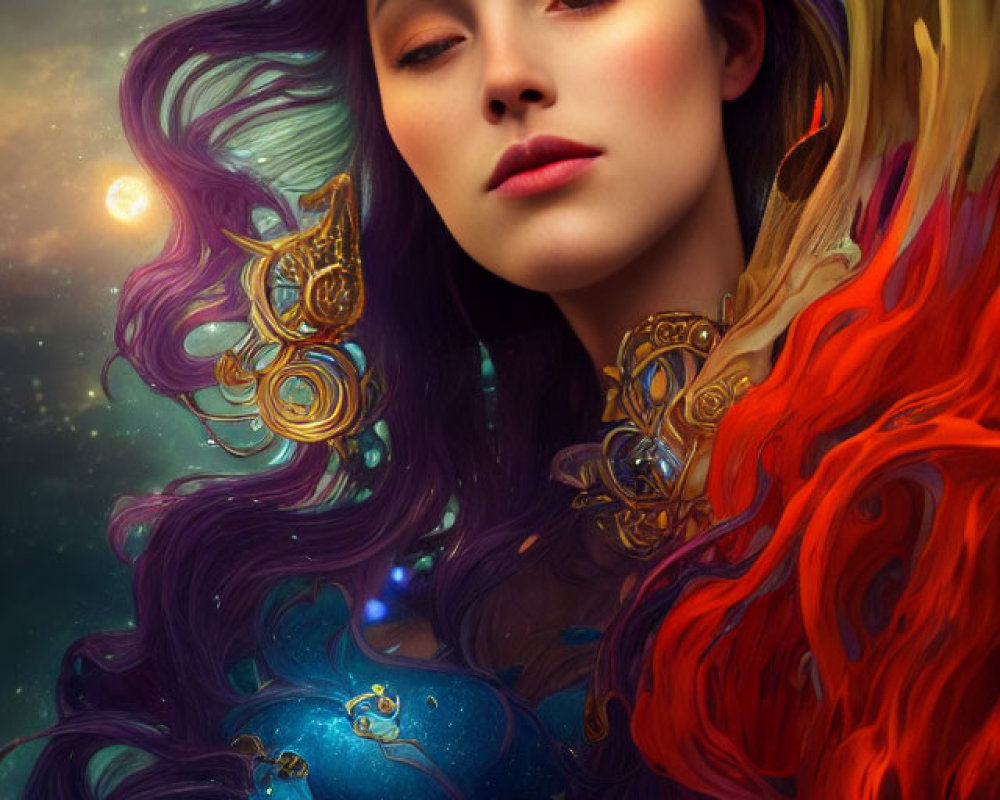 Wavy-haired woman in gold jewelry against cosmic backdrop in fiery dress