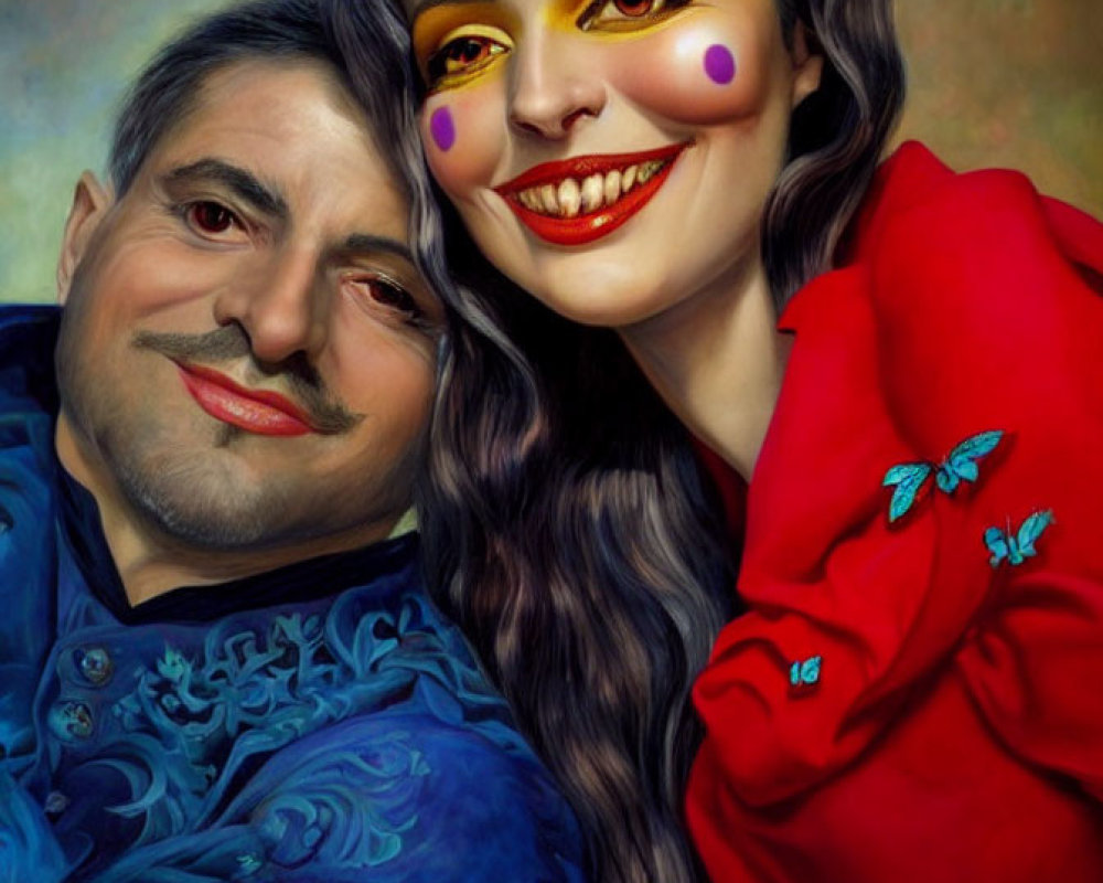Stylized portrait of two smiling individuals in unique outfits