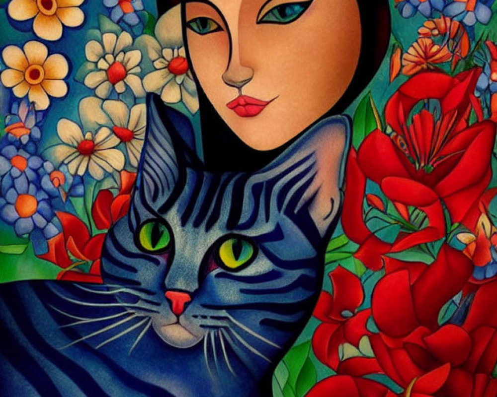Colorful Artwork of Stylized Woman and Striped Cat Among Vibrant Floral Background