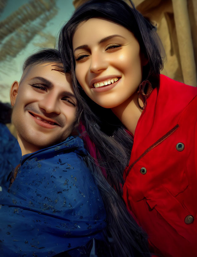 Smiling couple in red and blue jackets on sunny day