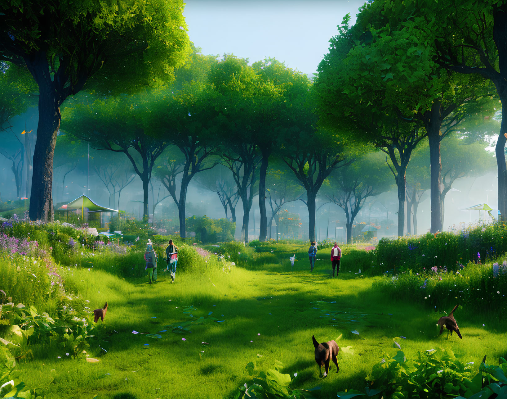 Tranquil Park Scene with Green Trees, People, Flowers, and Dogs