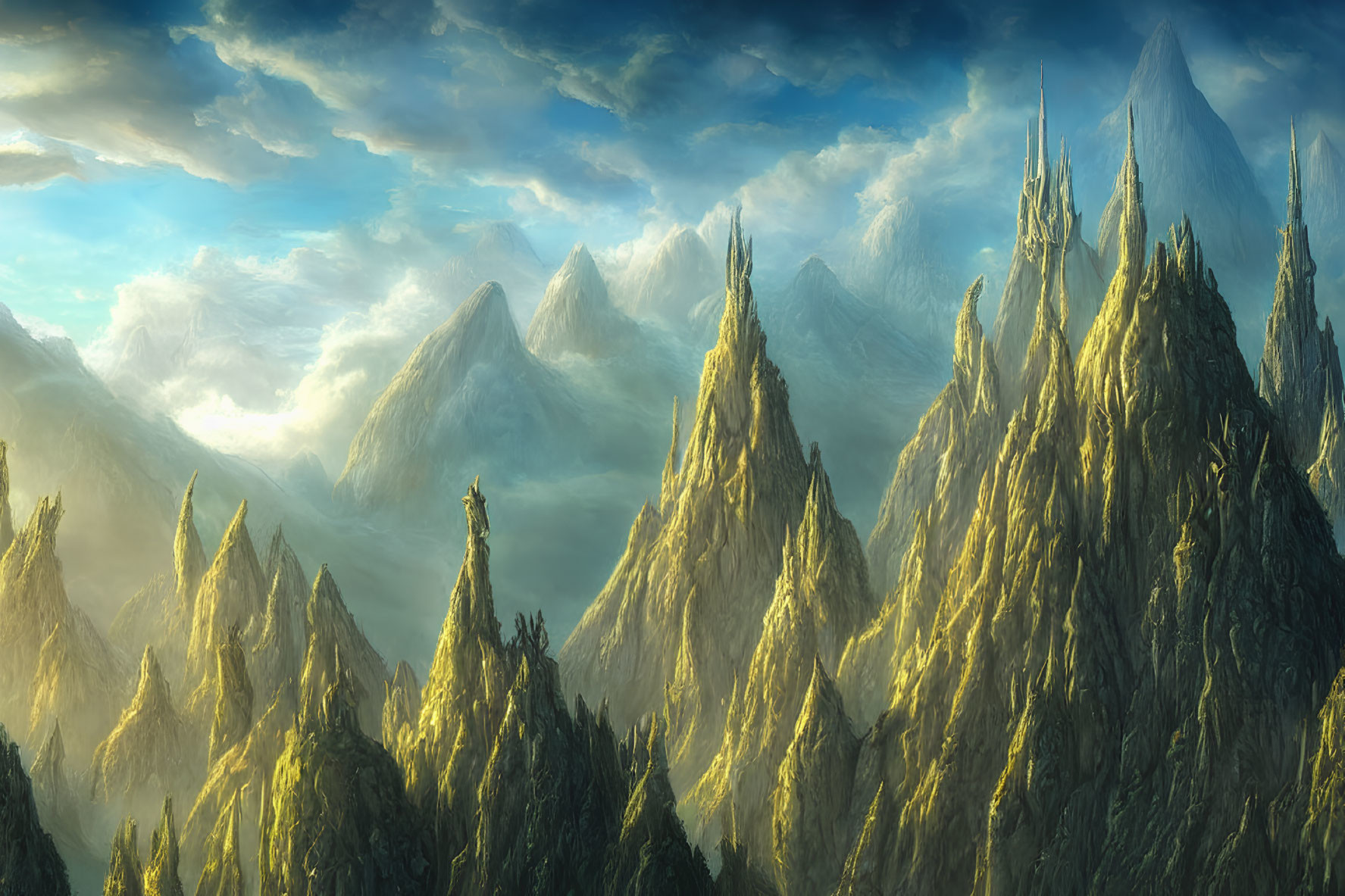 Sunlit misty mountain peaks in serene fantasy landscape