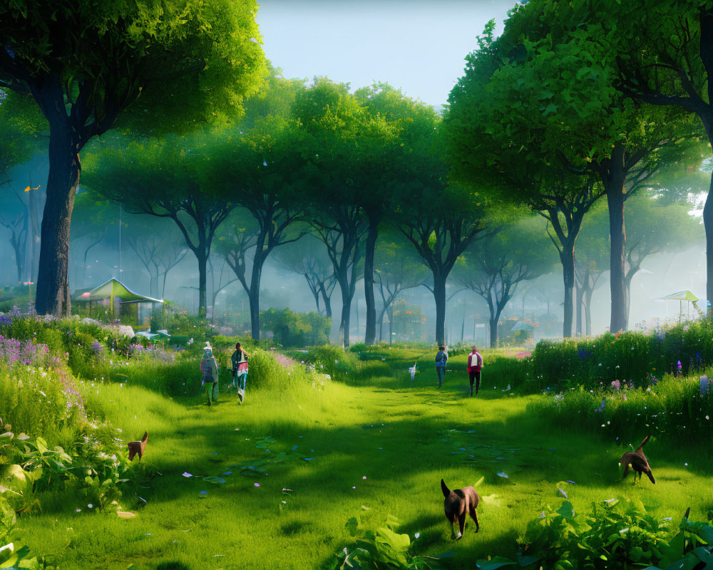 Tranquil Park Scene with Green Trees, People, Flowers, and Dogs