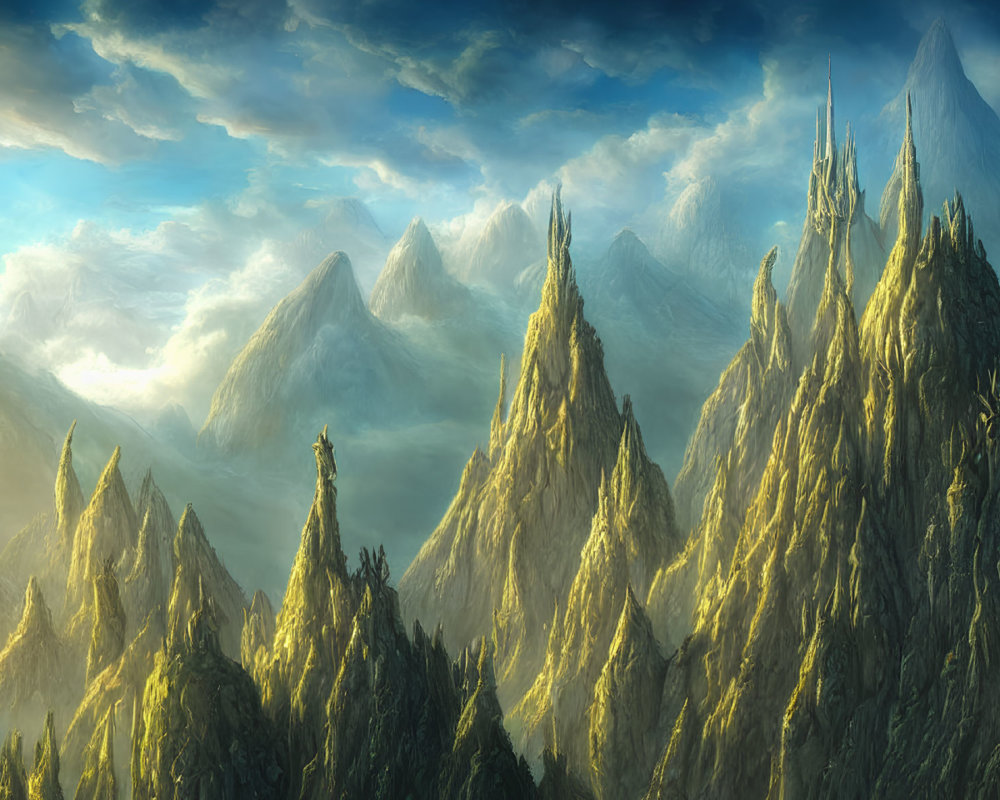 Sunlit misty mountain peaks in serene fantasy landscape