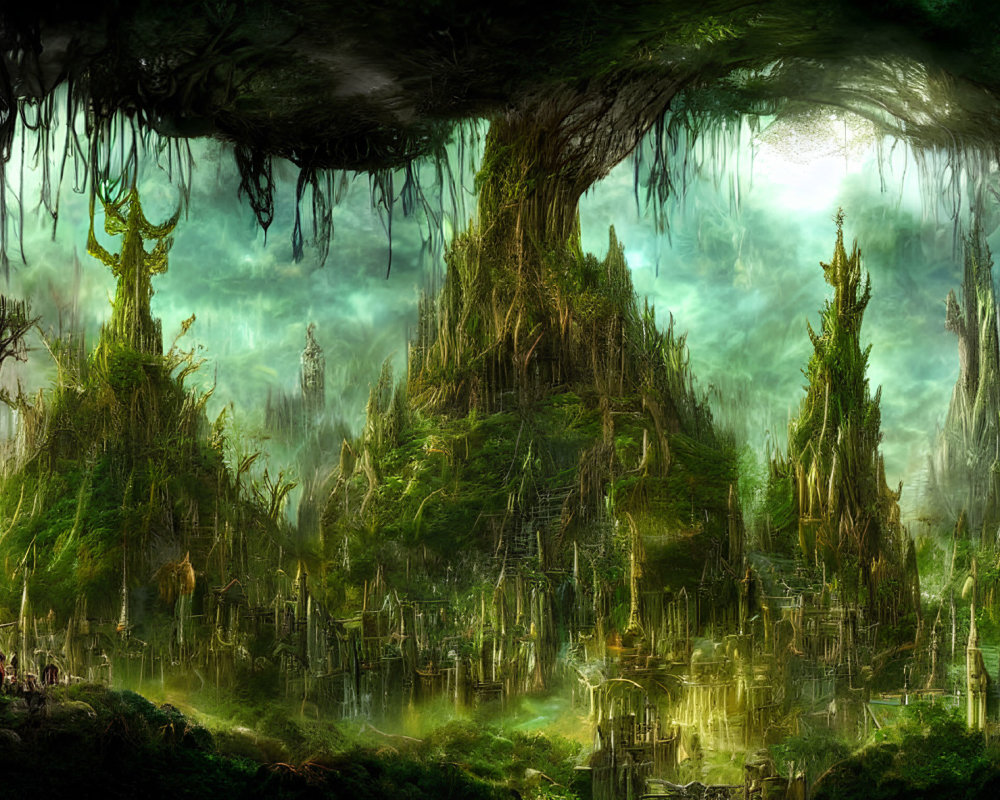 Enchanting green forest with towering trees and ancient ruins
