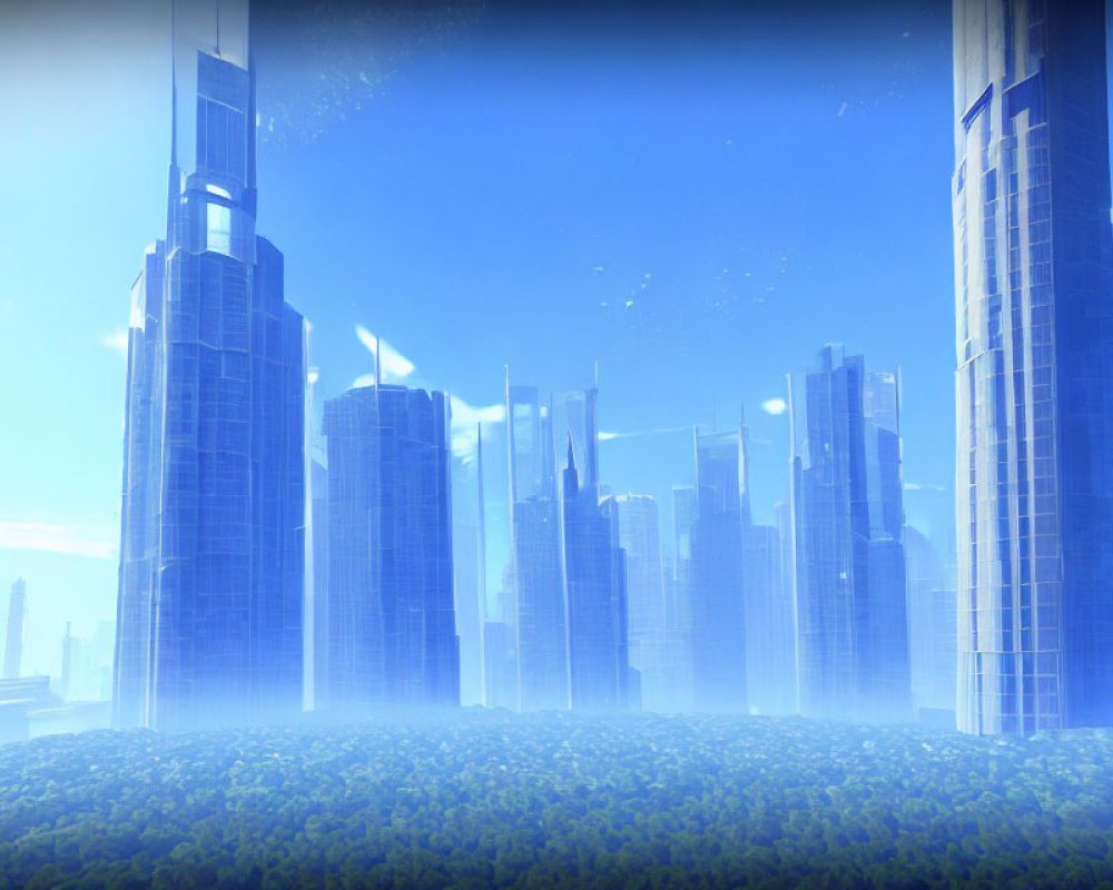 Futuristic cityscape with towering skyscrapers and floating particles