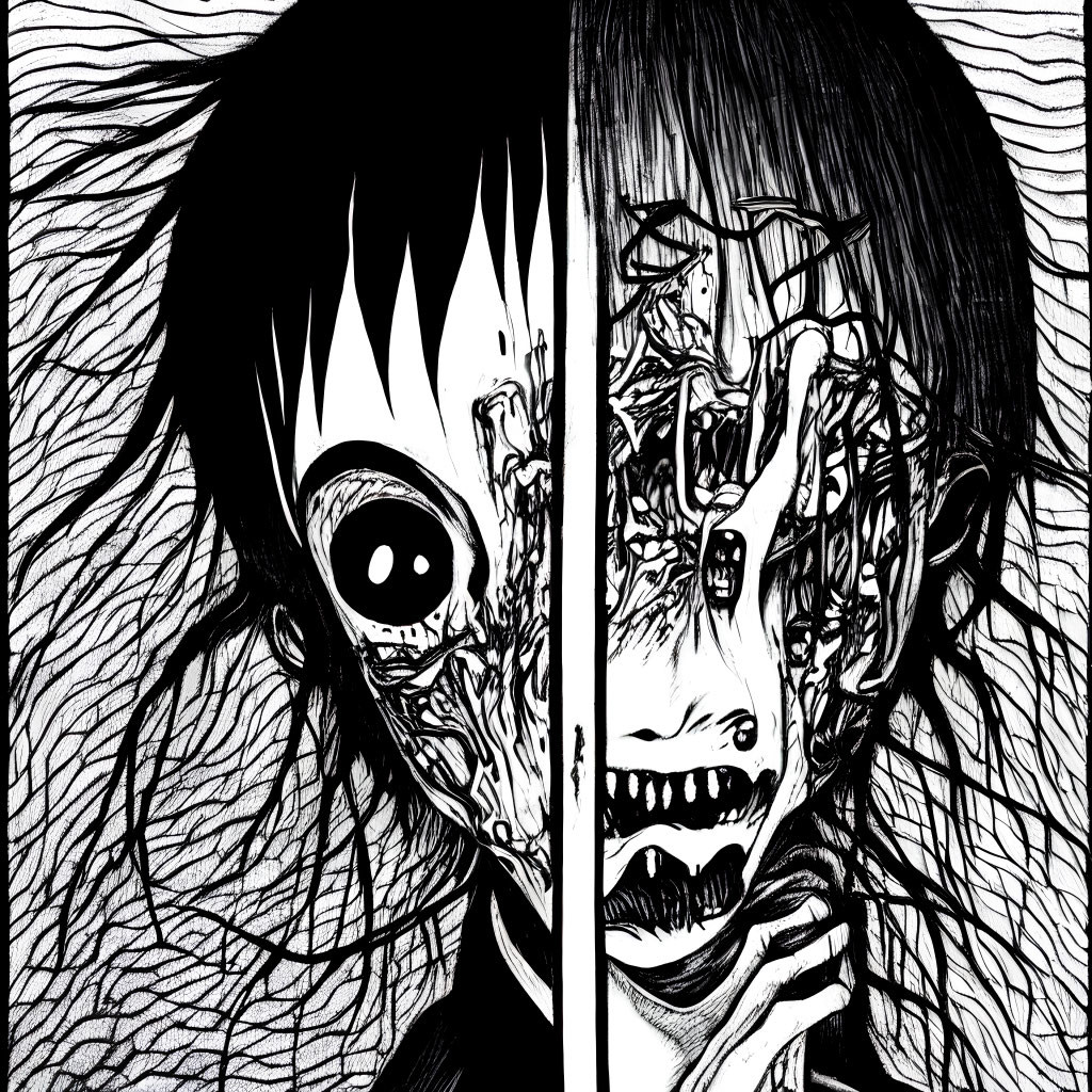 Split-face black-and-white illustration with normal and grotesque sides.