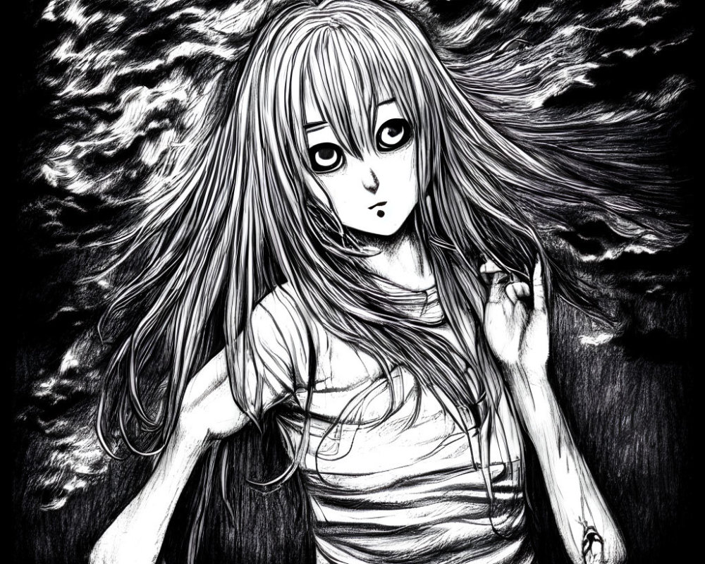 Monochrome anime girl sketch with long hair and intense gaze on textured dark background.